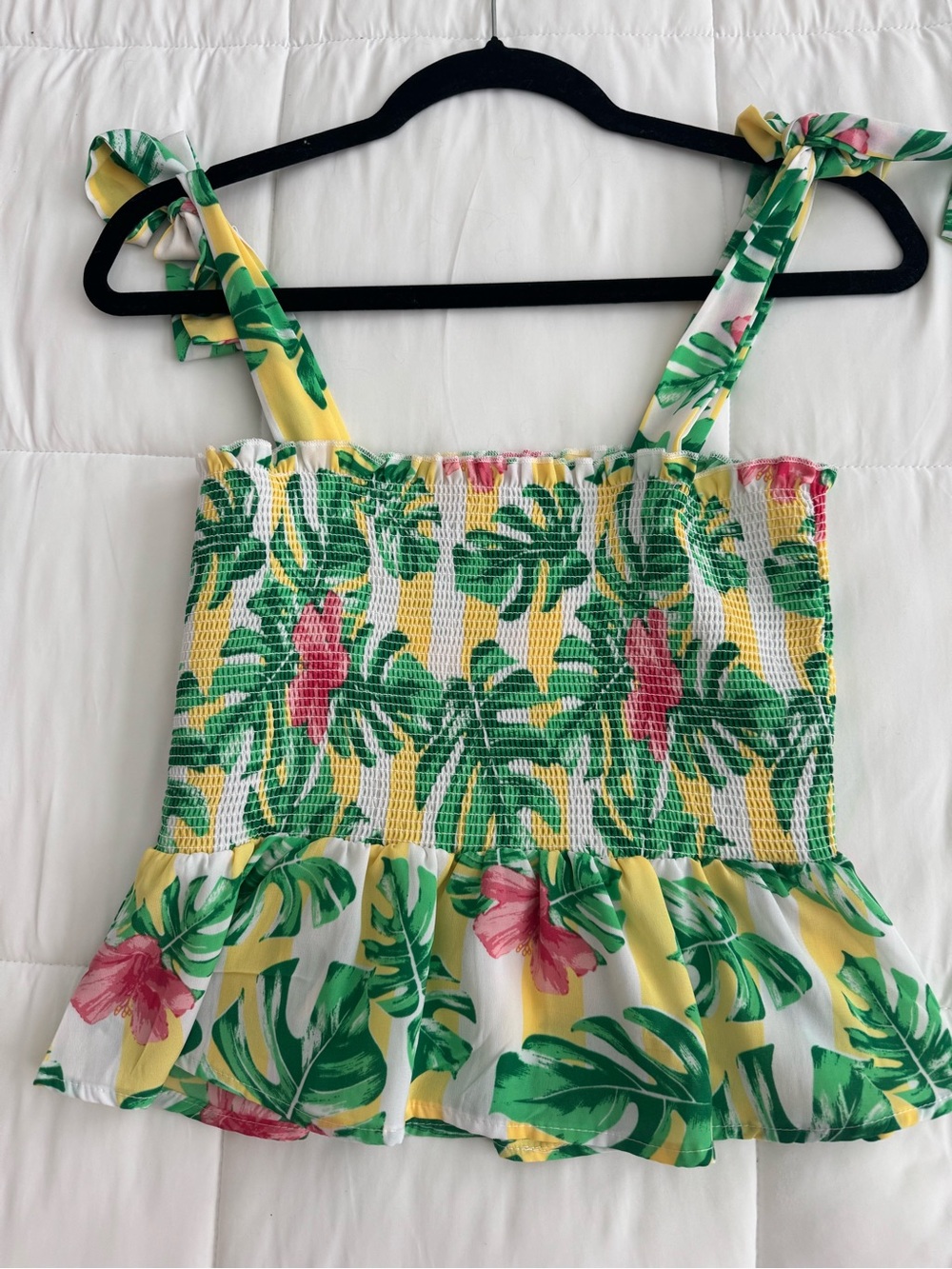 Chance or Fate Yellow Tropical Smocked Tank with Green Leaf & Pink Floral